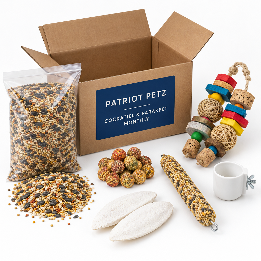 Cockatiel and Parakeet Monthly Box food, treats and toy bundle from Patriot Petz in a kraft box