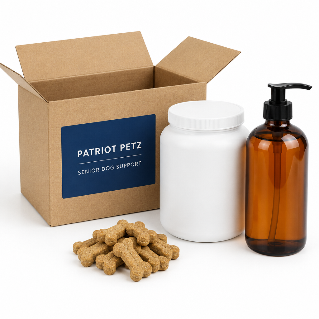 Senior Dog Support Box joint and omega-3 bundle from Patriot Petz in a kraft box