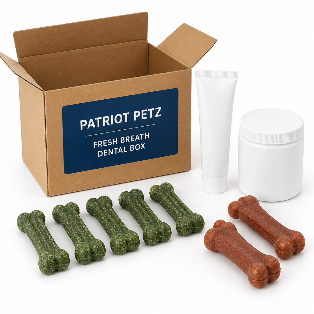 Fresh Breath Dental Box monthly dog dental care bundle from Patriot Petz in a kraft box