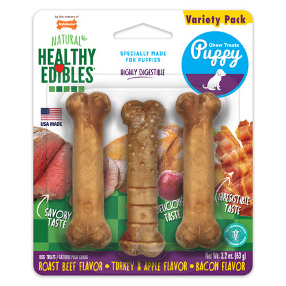 Nylabone Healthy Edibles All-Natural Long Lasting Puppy Chew Treats Roast Beef, Turkey, Apple, Bacon