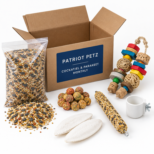 Cockatiel and Parakeet Monthly Box food, treats and toy bundle from Patriot Petz in a kraft box