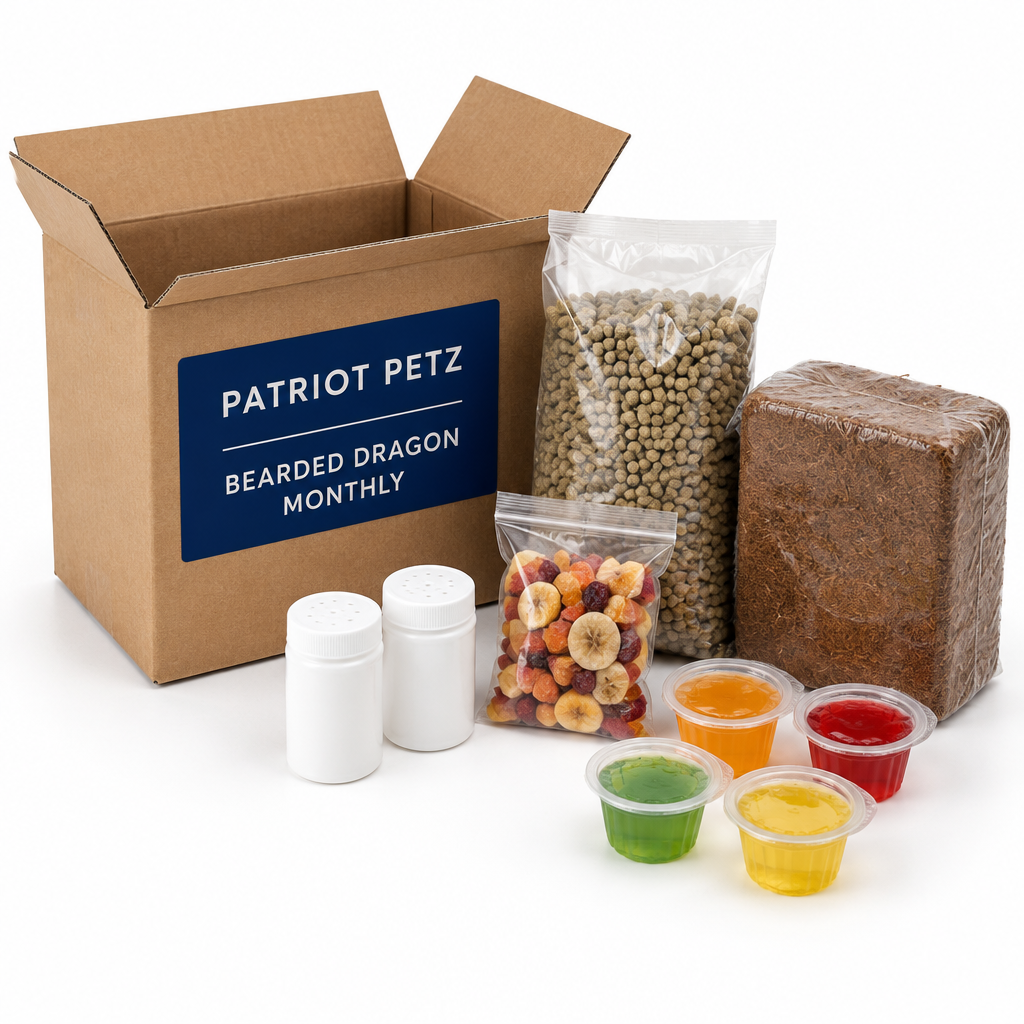 Bearded Dragon Monthly Box food, calcium and substrate bundle from Patriot Petz in a kraft box