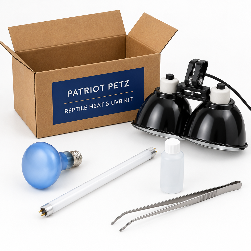 Reptile Heat and UVB Lighting Kit dome fixture and bulb bundle from Patriot Petz in a kraft box