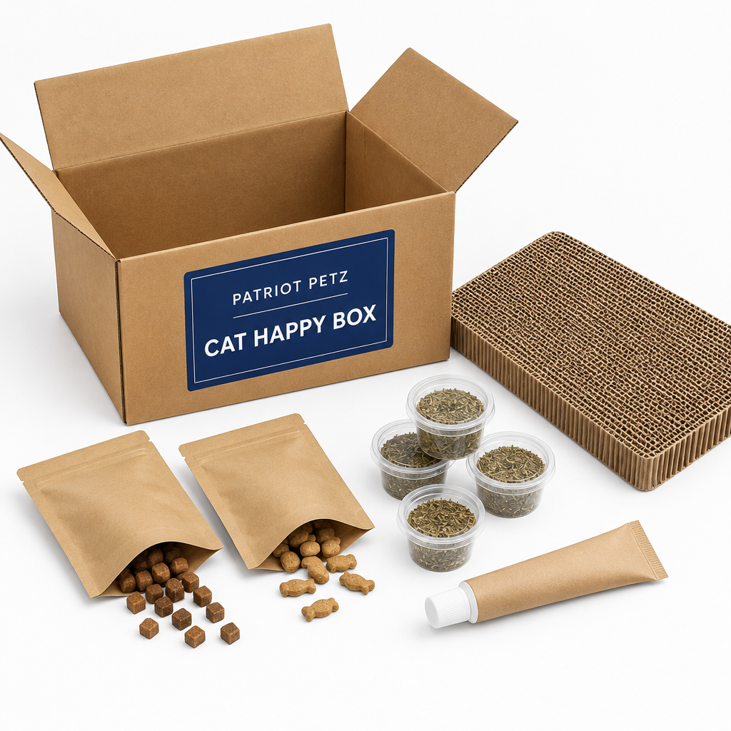 Cat Happy Box monthly cat treat and play bundle from Patriot Petz in a kraft box