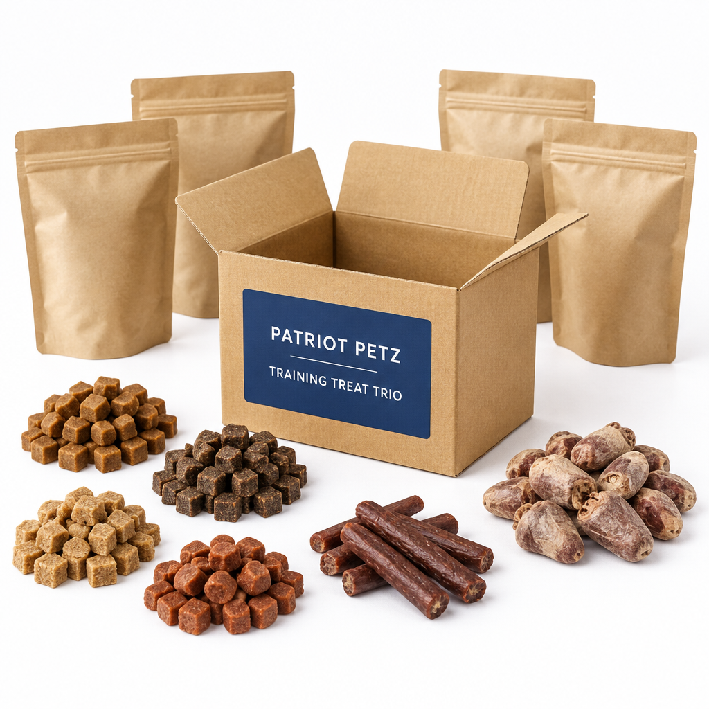 Training Treat Trio monthly dog training treat bundle from Patriot Petz in a kraft box