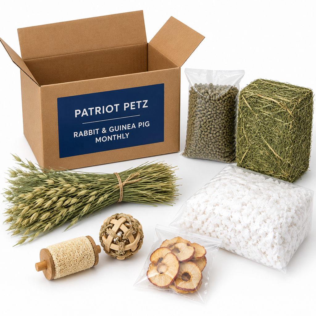 Rabbit and Guinea Pig Monthly Box hay, pellets and bedding bundle from Patriot Petz in a kraft box