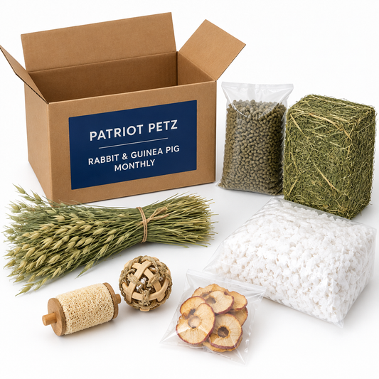 Rabbit and Guinea Pig Monthly Box hay, pellets and bedding bundle from Patriot Petz in a kraft box
