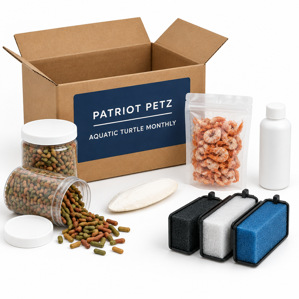 Aquatic Turtle Monthly Box food, filter and water care bundle from Patriot Petz in a kraft box