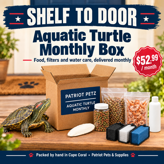 Shelf to Door Aquatic Turtle Monthly Box food, filter and water care bundle from Patriot Petz, $52.99 per month