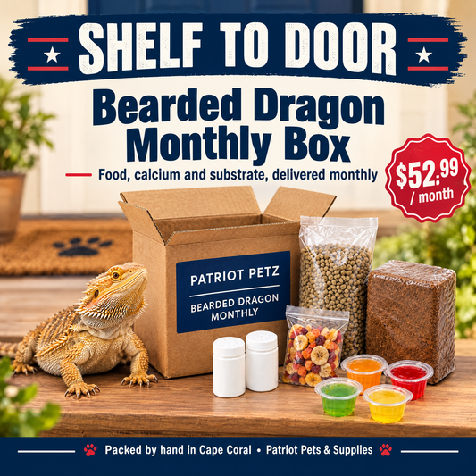 Shelf to Door Bearded Dragon Monthly Box food, calcium and substrate bundle from Patriot Petz, $52.99 per month