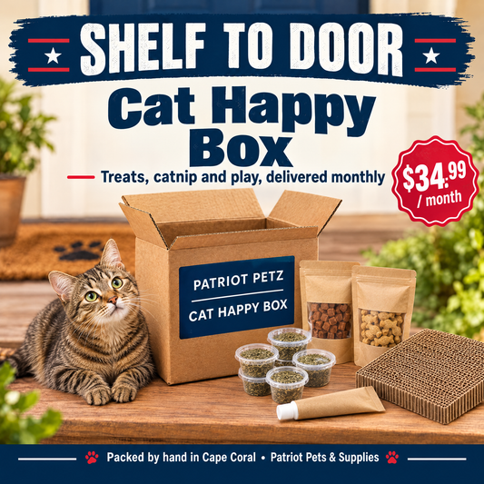 Shelf to Door Cat Happy Box monthly cat treat and play bundle from Patriot Petz, $34.99 per month