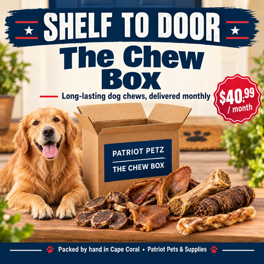 Shelf to Door The Chew Box monthly dog chew bundle from Patriot Petz, $40.99 per month