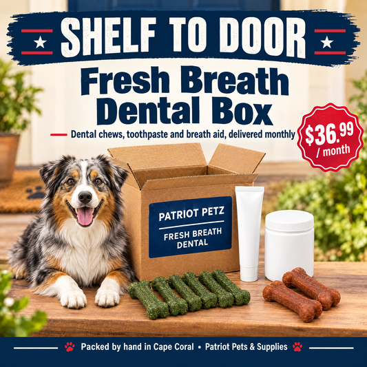 Shelf to Door Fresh Breath Dental Box monthly dog dental care bundle from Patriot Petz, $36.99 per month