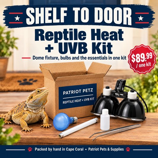 Shelf to Door Reptile Heat and UVB Kit dome fixture and bulb bundle from Patriot Petz, $89.99 per kit