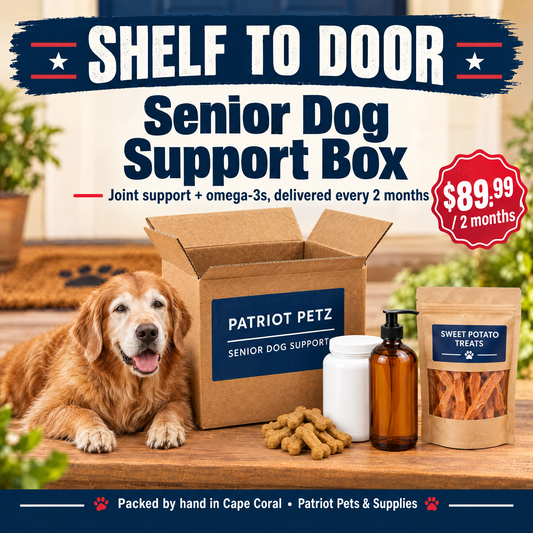 Shelf to Door Senior Dog Support Box joint and omega-3 bundle from Patriot Petz, $89.99 every 2 months