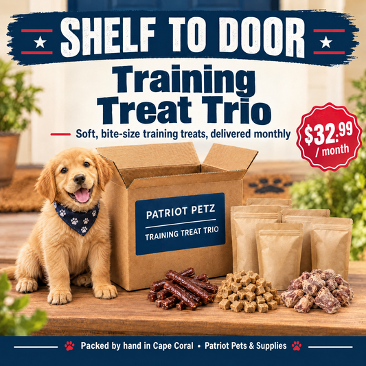 Shelf to Door Training Treat Trio monthly dog training treat bundle from Patriot Petz, $32.99 per month